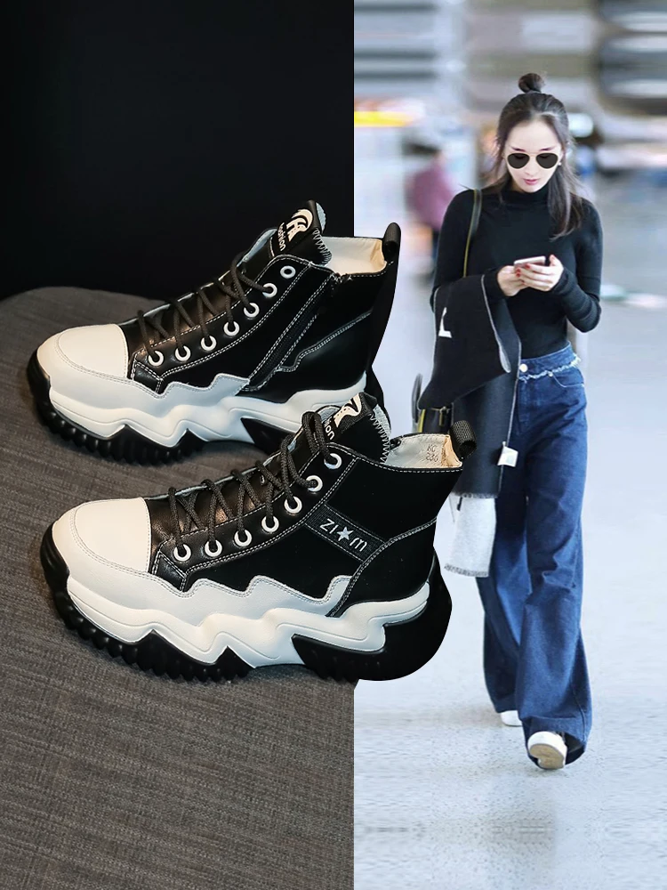 leather-dad-sneakers-spring-new-style-thick-bottom-sports-shoes-versatile-slip-on-round-toe-anti-slip-rubber-sole-pure-color