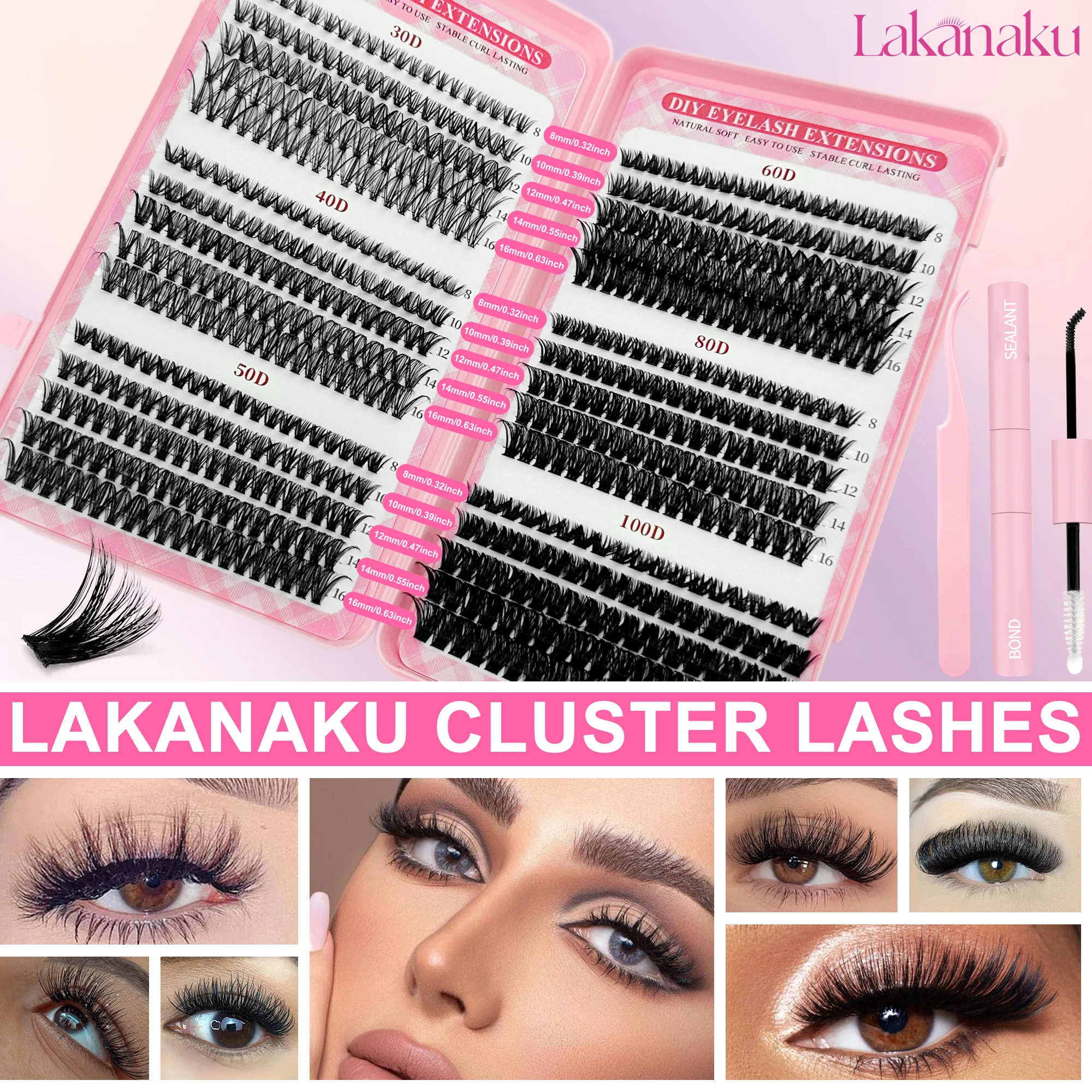 LAKANAKU Cat Eye Cluster Lashes Wispy Effect Long Lasting voluminous False Eyelashes DIY Lash Clusters For Wedding Party Events