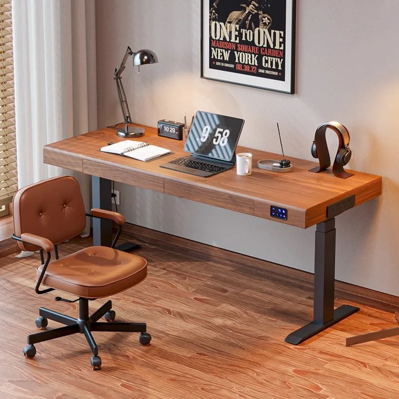 

North American black walnut electric lifting table medium antique solid wood computer desk with drawers desk workbench