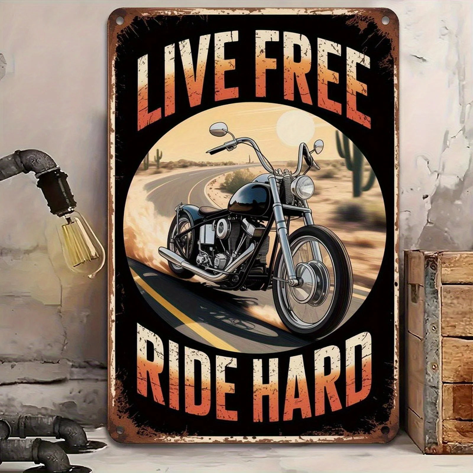 Decorative Signs& Plaques Vintage Iron Motorcycle Wall Art Sign Live Free Ride Hard Desert Landscape Design - Rustic OutdoorIndo
