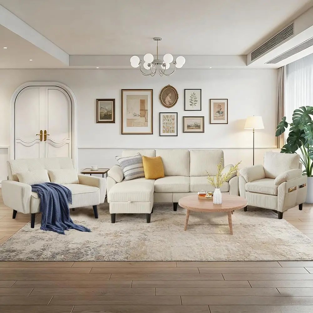 

4 Piece ern Corduroy Living Room Soa Set, L Shape Sectional Couch with Storage Ottoman, Loveseat & Single Chair with Side Storag