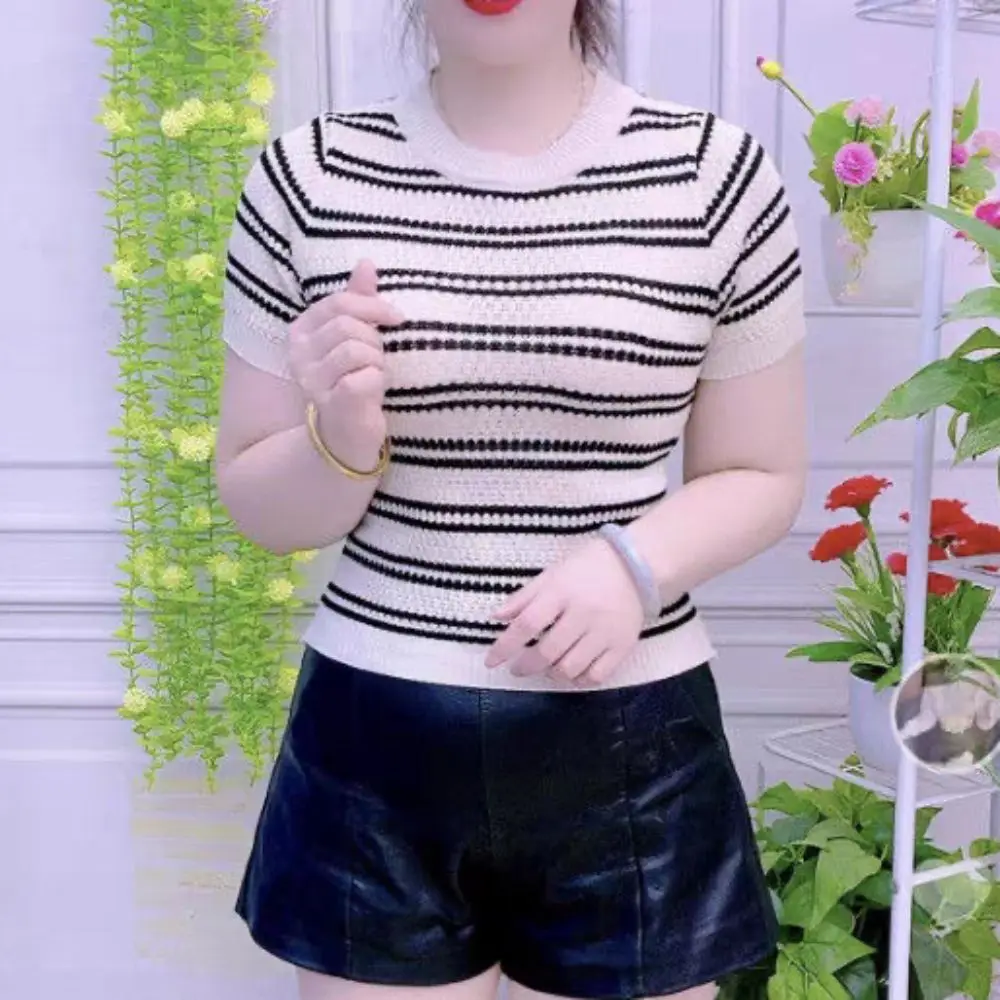 

Fashion Ins Short Sleeve Crop Top Slim Fit Sweet Stripe Knitted T-shirt Bottoming Shirt Female Clothing Knitwear Women Summer