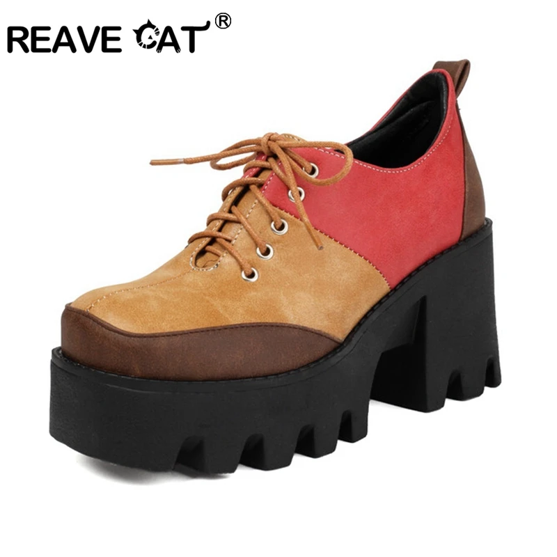 REAVE CAT Women Pumps Shoes 4cm High Platform 8cm High Heel Strap Up Faux Leather Round Toe Big Size 41 42 43 Red