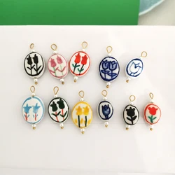 2pcs/lot Flower Ceramics Clay Tulip Pendant Charm Handmade DIY Necklace Stainless Steel Blue Painting Imitation Pearl Wholesale