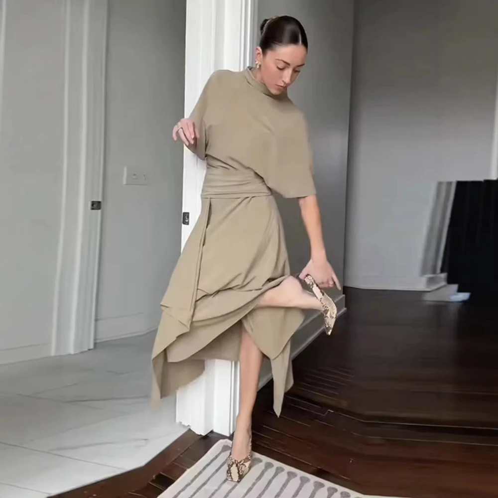Mock Neck Batwing Sleeve Waist Cinching Top Mid-waist Irregular Hem Drage Skirt Fashion Temperament Women's Two-piece Set