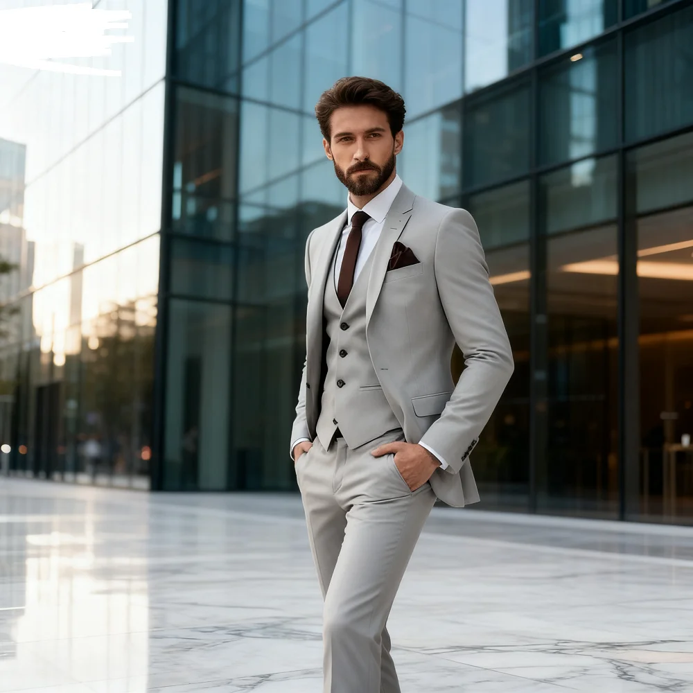 

Men's Monochromatic Slim Fit Suit, Business Wedding Party Tuxedos, Blazer, Vest, Pants, Personality, Elegant Man Clothes, 3 Pcs