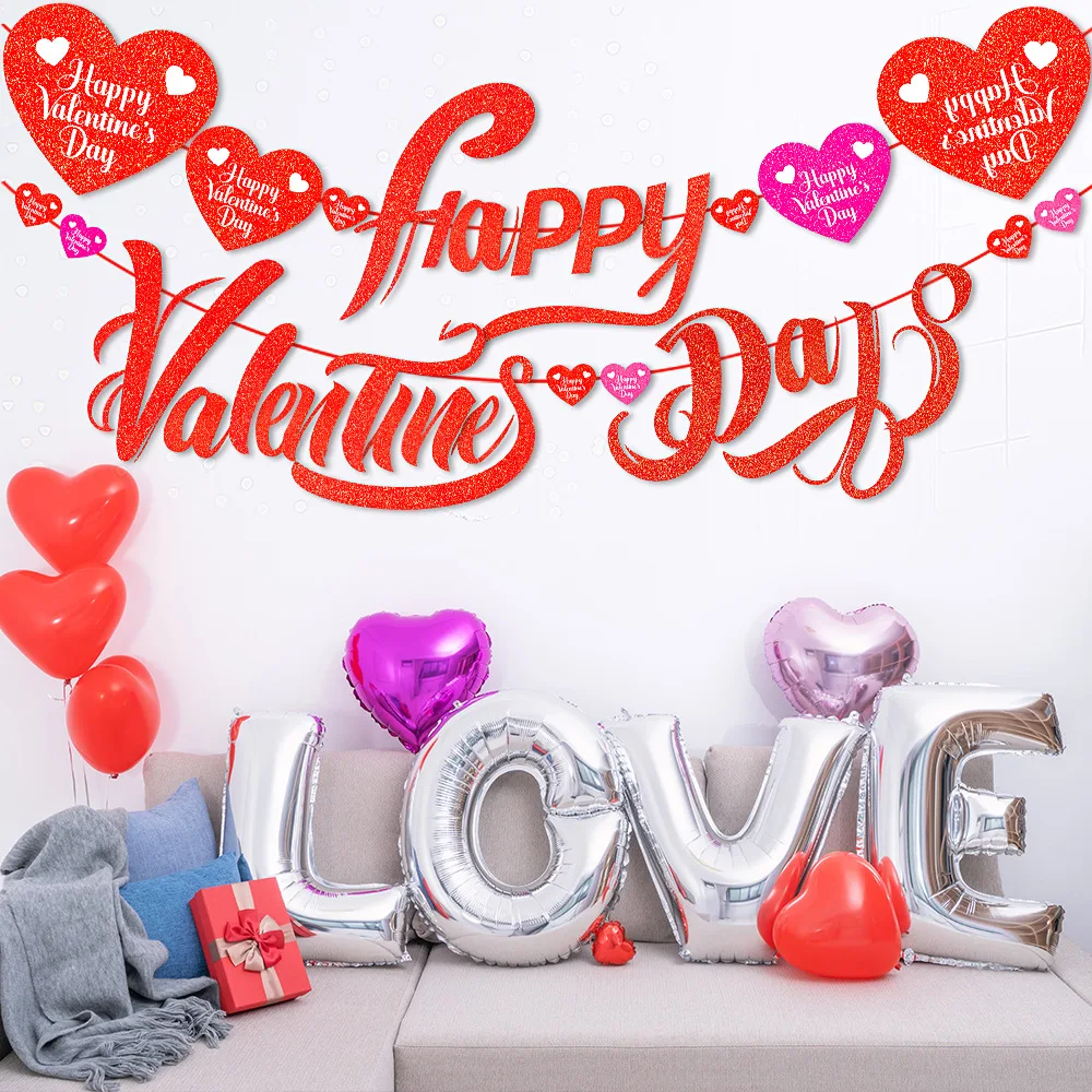 Happpy Valentine‘s Day Banner Romantic Love Heart Garlands Decorative Flag Party Hanging Decoration Weeding Decor for Weddings