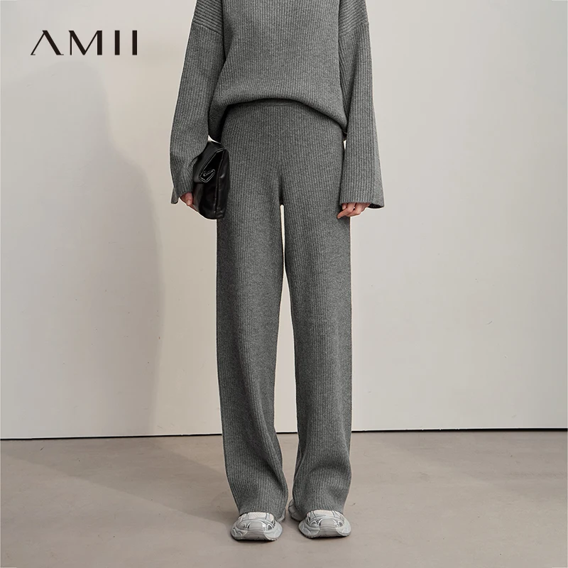 

Amii Women's Pants 2025 Winter New Versatile Solid Warm Ladies Clothing Loose Wide-leg Casual Knitted Woman Trousers 12544069
