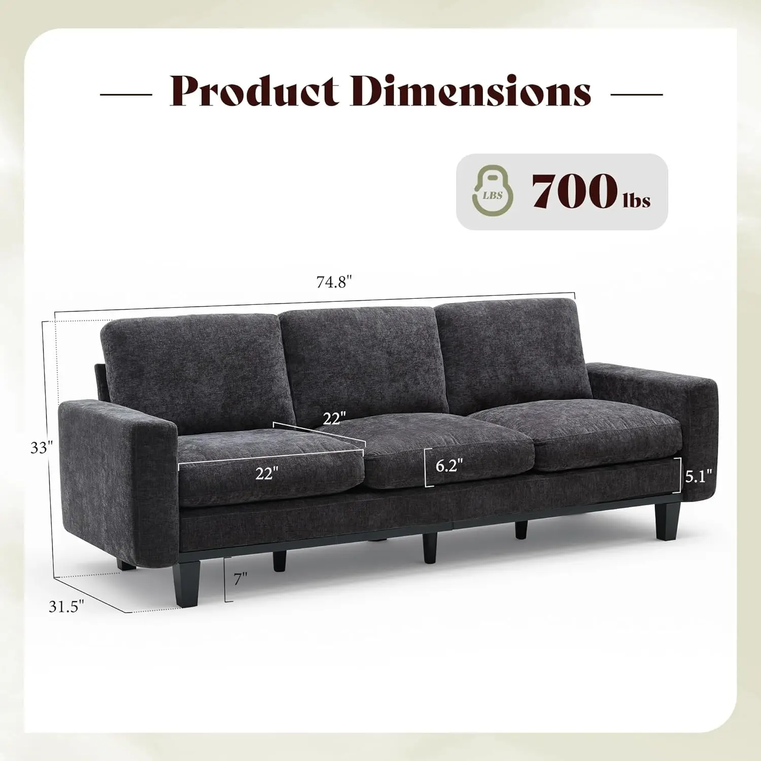 3 Seater Chenille Sofa Deep Seat Metal Support 74.8 Inch Soft Fabric Comfort Pet-Friendly Upholstery, Customized