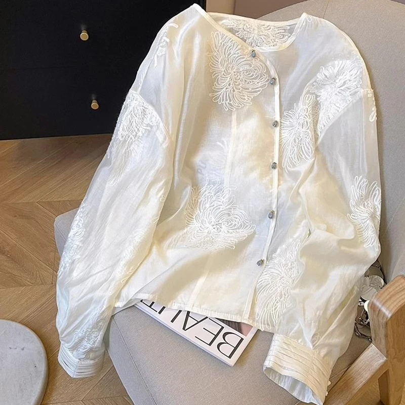 New Chinese Style Embroidered Crew Neck Blouse Lace Organza Top Women\'s Shirt Spring Summer Elegant Office Lady Long Sleeves