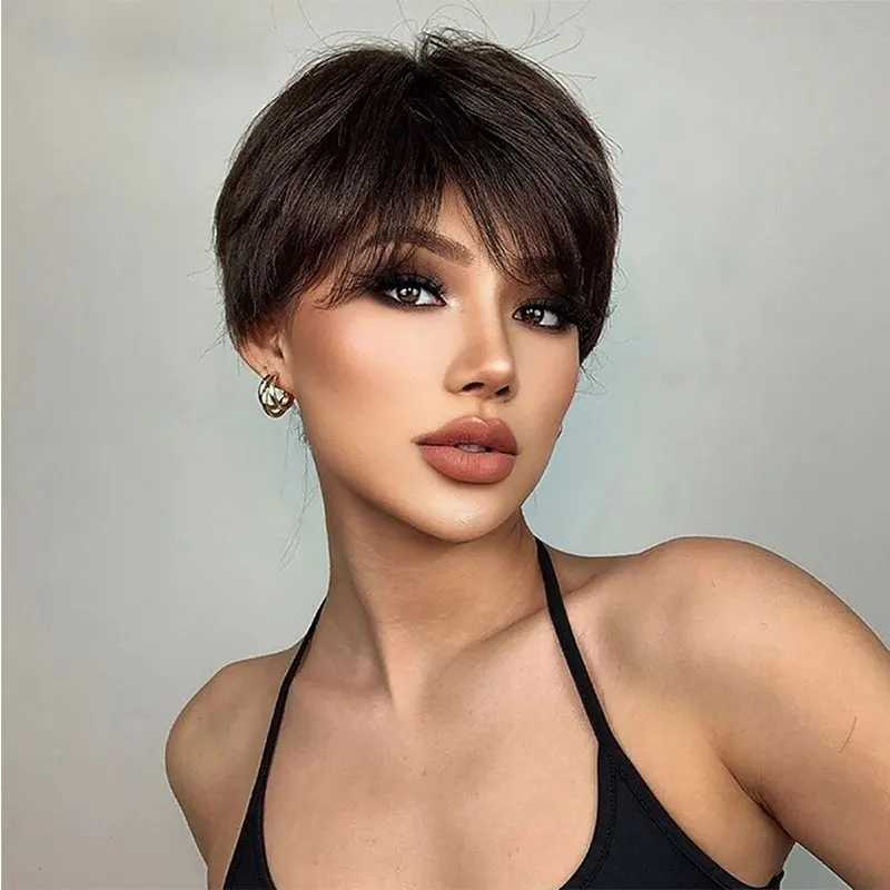 Short Brown Human Hair Pixie Cut Wig for Women