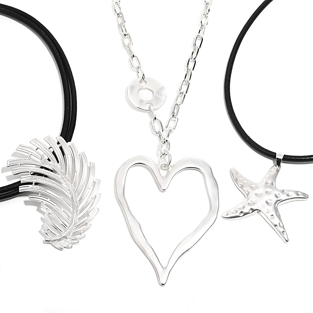 

Amorcome Exaggerated Feather Starfish Love Pendant Necklace Double Leather Necklace Irregular Women's Choker Accessories Jewelry