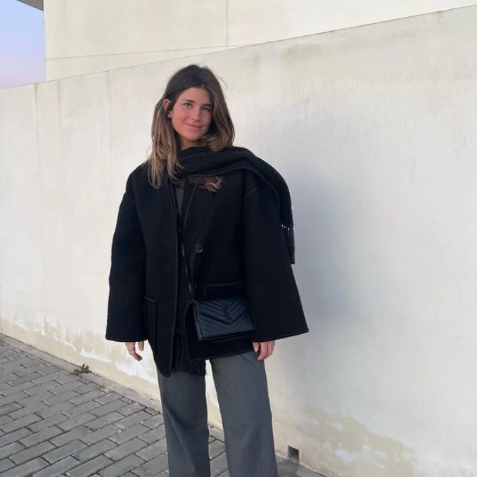 

Fashionable Women's Style Coat Autumn Winter Solid Color Casual Loose Retro Top Long Sleeve Pocket Single-breasted Sweatshirt