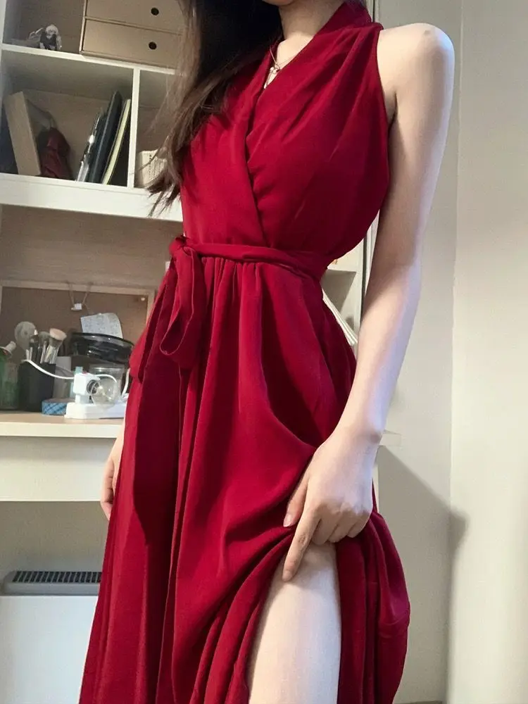 Sexy red Hanging Neck Dress Female 2023 Early Autumn New V-Neck Waist Banding Repair Body long Dress Summer Vestido Open Dresses