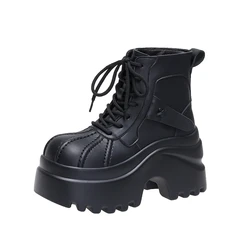 9CM New Women High Platform Ankle Boots Winter Warm Fur Chunky Snow Shoes Lace-up Sneakers Woman Leather Motorcycle Boots Mujer