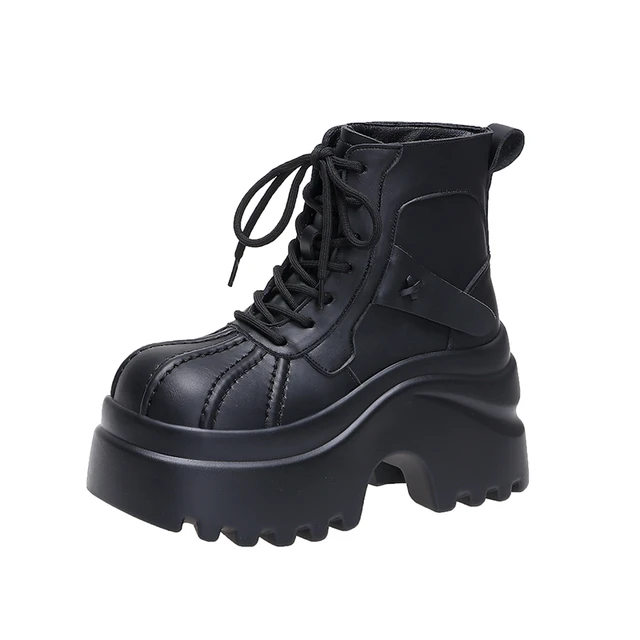 9CM Nowe Damskie Botki na Wysokiej Platformie Zimowe Ocieplane Futrem Grube Buty Śniegowce Sznurowane Sneakersy Damskie Skórzane Botki Motocyklowe Mujer
