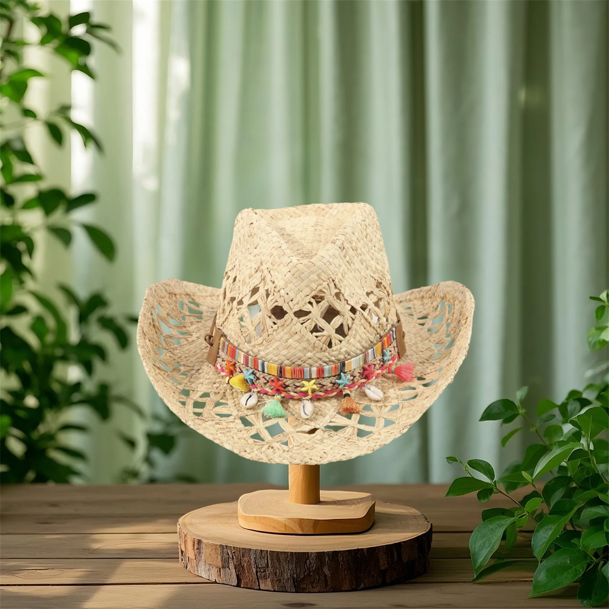 

Straw Cowgirl Hat for Women Men Star Tassel Belt Wide Brim Hollow Out Breathable Western Cap Cowboy Hats
