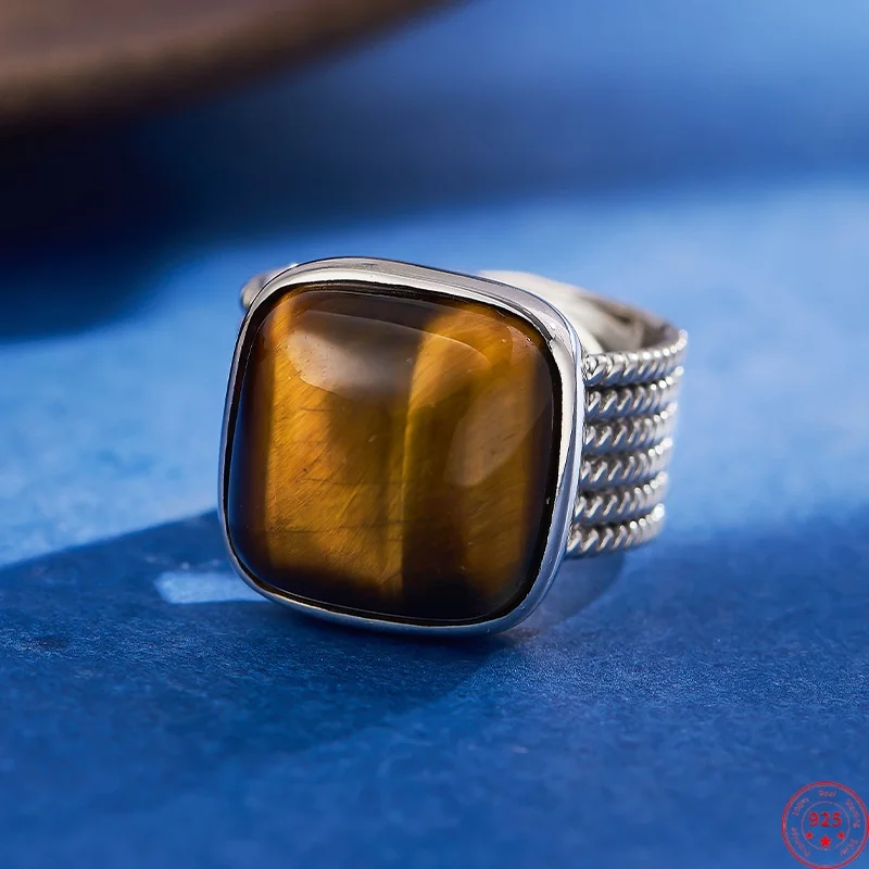 

S925 Sterling Silver Rings for Women Men Retro Relief Rivet Pattern Inlaid Tiger's Eye Trendy Punk Fashion Jewelry Wholesale