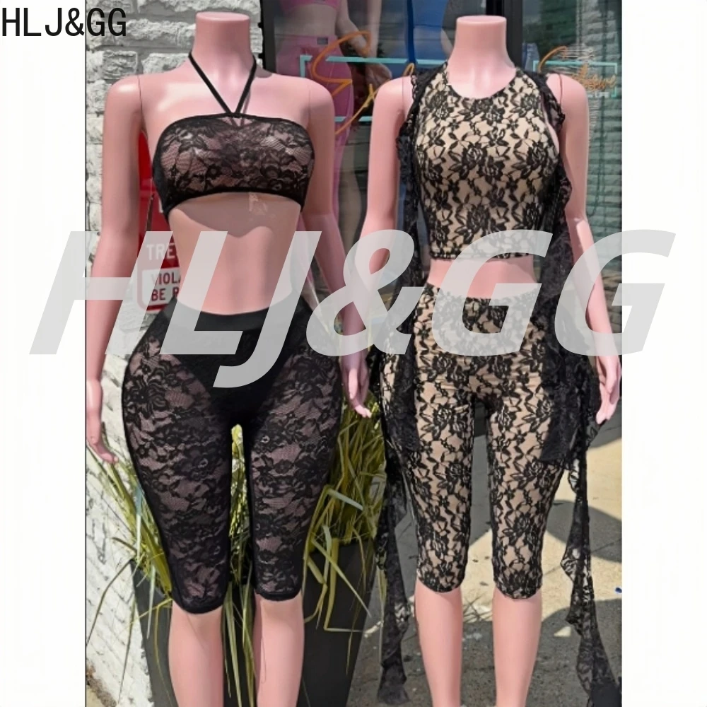 

HLJ&GG Black Fashion Lace See Though Tassels Two Piece Sets Women O Neck Sleeveless Slim Crop Top And Shorts Outfits Streetwear