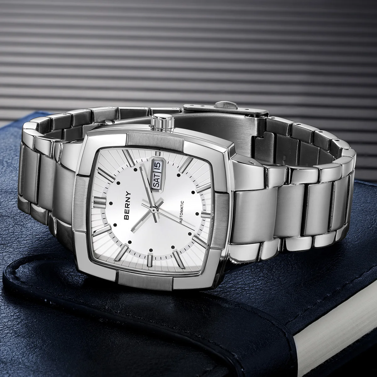 BERNY Automatic Men's Watch Self-wind Pillow Cushion Luminous Wristwatch for Men Stainless Steel Calendar Window Watch for Men