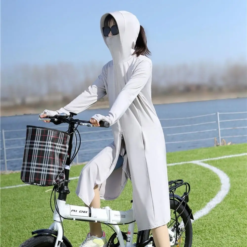 Comfortable Ice Silk Sun Protection Long Coat Hooded Hat Anti-UV Dress Breathable Long Sleeve Beach Long Sweatshirt Summer