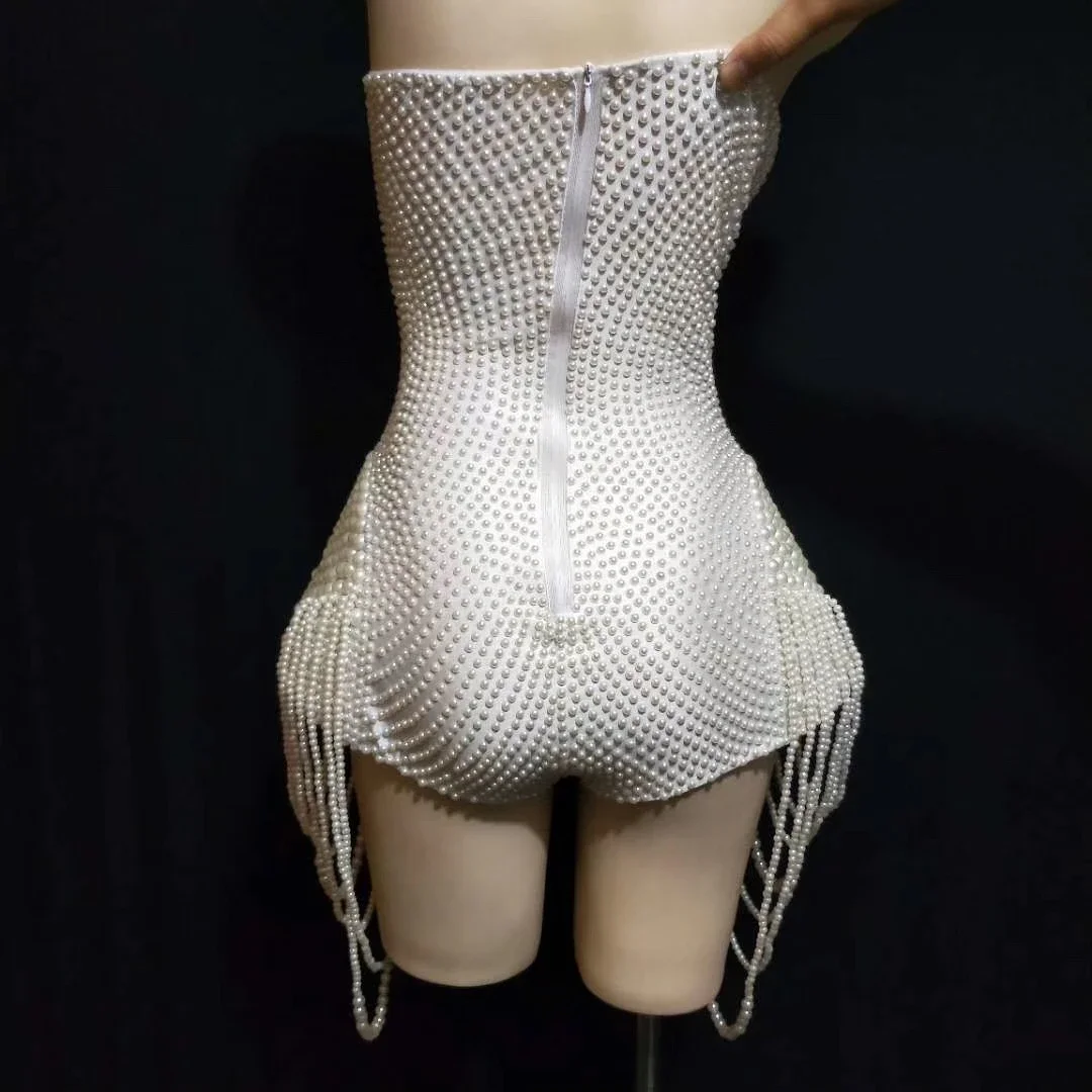 Damskie białe perły bez rękawów zdobione koralikami seksowne body na imprezę, do klubu nocnego, kostiumy dla piosenkarki scenicznej, na studniówkę, taniec, stroje królowej tanecznej