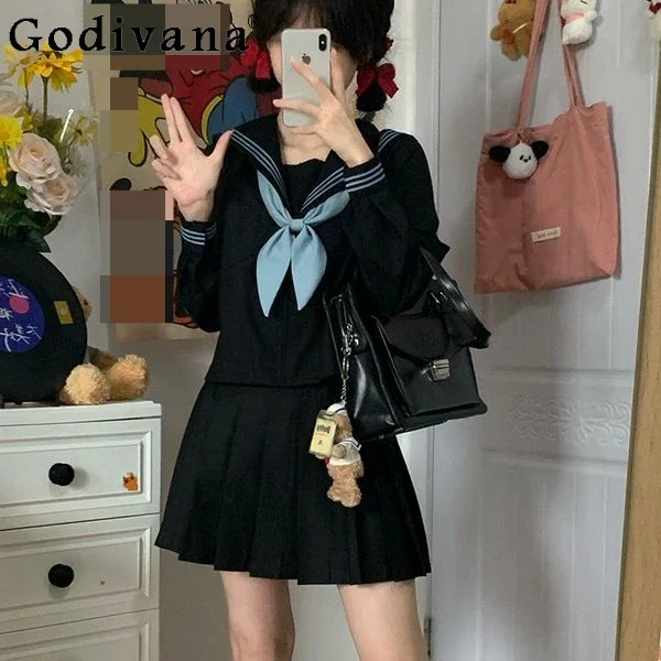 Original Japanese College Style Jk Uniform Sailor Suit Student Cute Sweet Girls Kawaii Gray Long Sleeve Top Skirt Two-piece Set