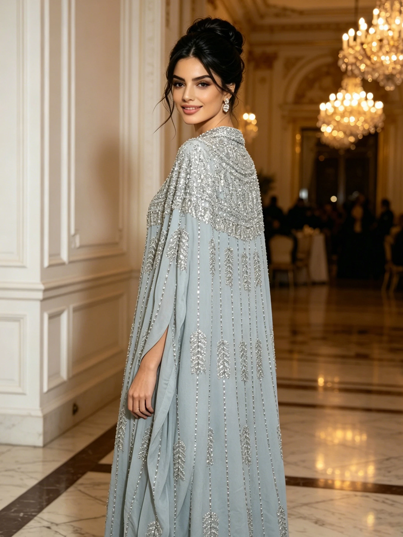 Luxury Royal Style Computer Glitter Beaded Sequined Embroidered Ball Evening Dress Elegant Striped Chiffon Bat Sleeve Dress