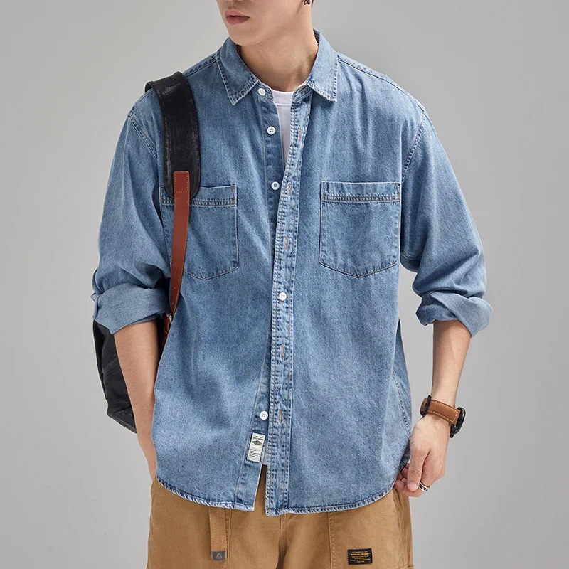 2023 Spring Autumn Harajuku Cotton Denim Loose Shirt Japanese Retro Quality Clothing Men's Daily Casual Long-sleeved Shirt