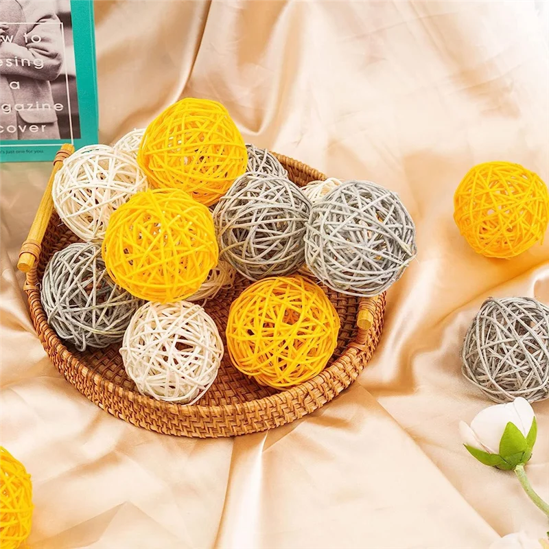 Decorative Balls for Bowl Centerpiece,16PCS Large Rattan Balls 2.8 Inch Yellow Wicker Balls Decorative Twig Orbs Spheres