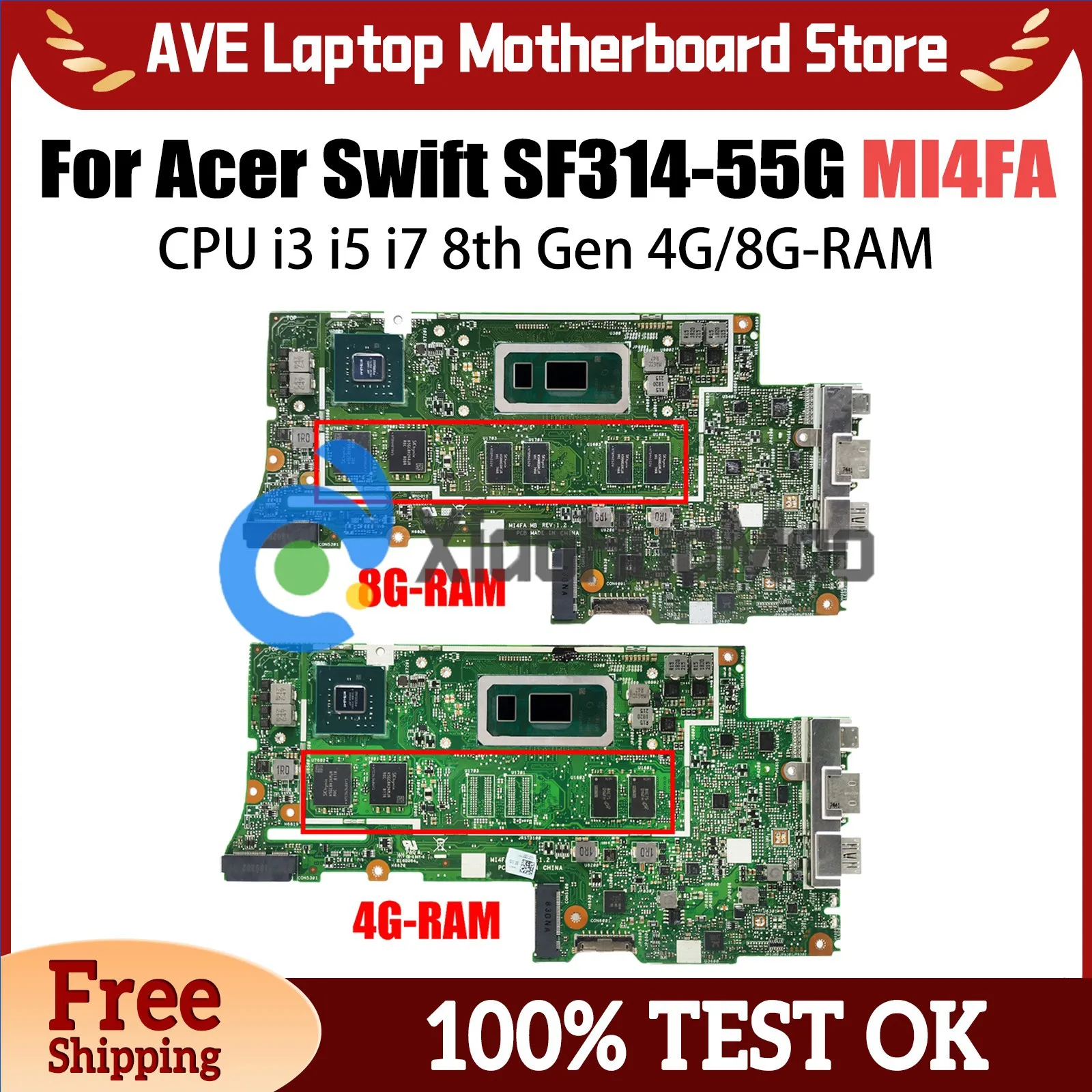 MI4FA Mainboard For Acer Swift SF314-55 SF314-55G Laptop Motherboard With CPU i3 i5 i7 8th Gen 4G/8G-RAM MX150/V2G GPU