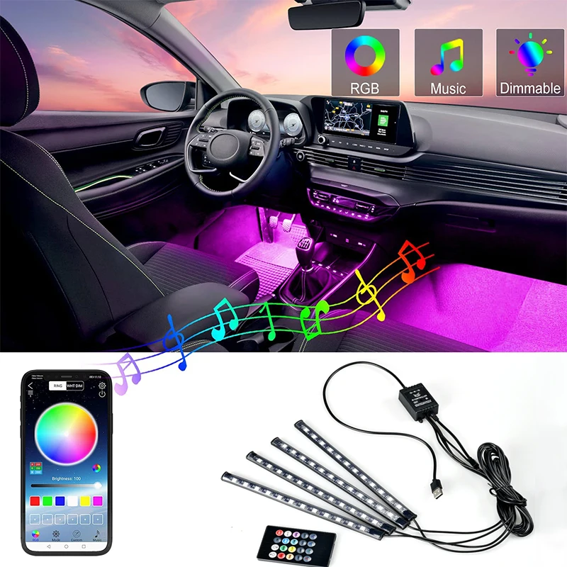 

12 LED Car Interior Floor Foot Lamp AUTO Decoration Light With USB Multiple Modes Car Styling Atmosphere RGB Neon Lamp Strips