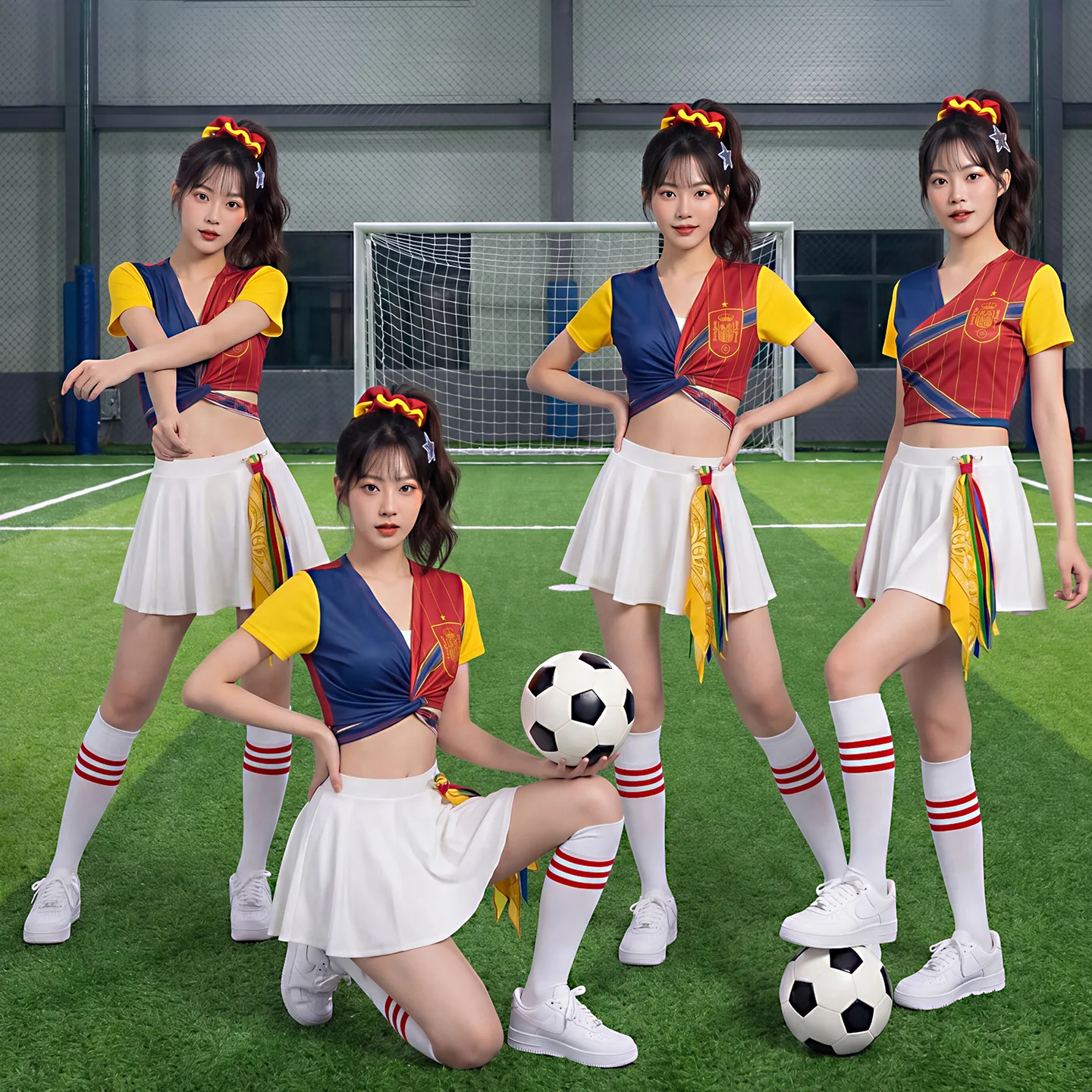 

2026 Spain Cheerleading Uniform Women Red Yellow Crop Top High Waist Skirt Set Soccer Football Dance Costume