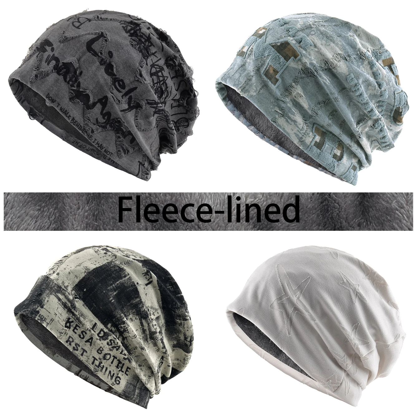 Letter Print Beanie Hat For Women Men Vintage Distressed Cracked Design ​Wasteland Style Warm Fleece-lined Skullis Beanie Winter