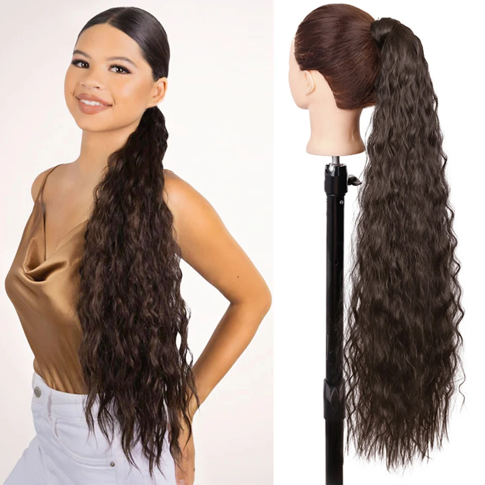 

Synthetic Ponytail Extensions Long Corn Wavy Hairpiece Wrap on Clip In Hair Ombre Brown Blonde Natural Hair Pony Tail Hairstyle