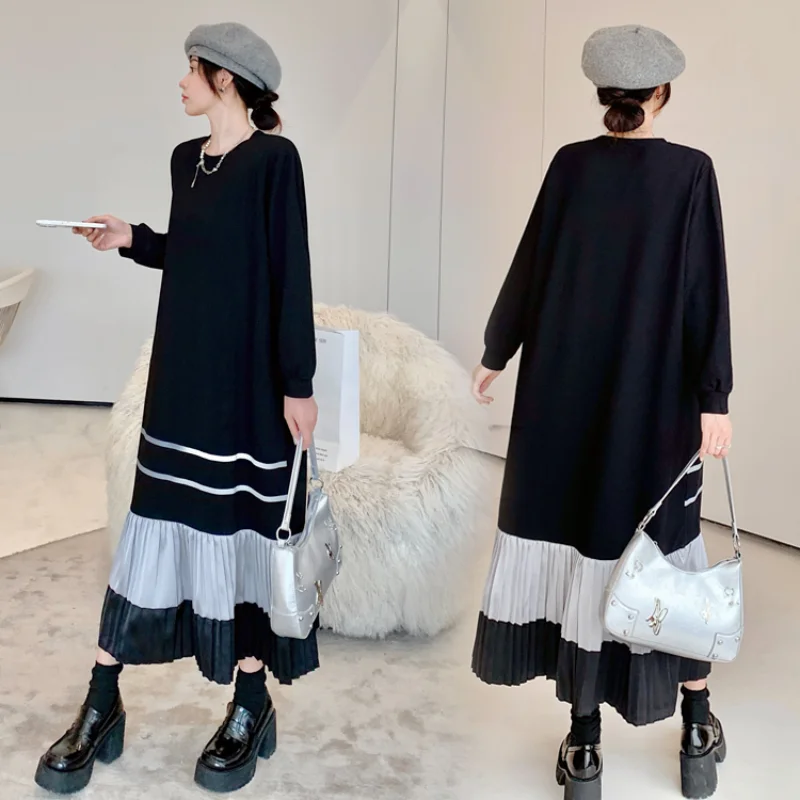 Autumn Winter Women T-Shirt Pleated Dresses Loose Large Size Lady Pullovers Patchwork Color Long Sleeve Female Vestidos KE3699