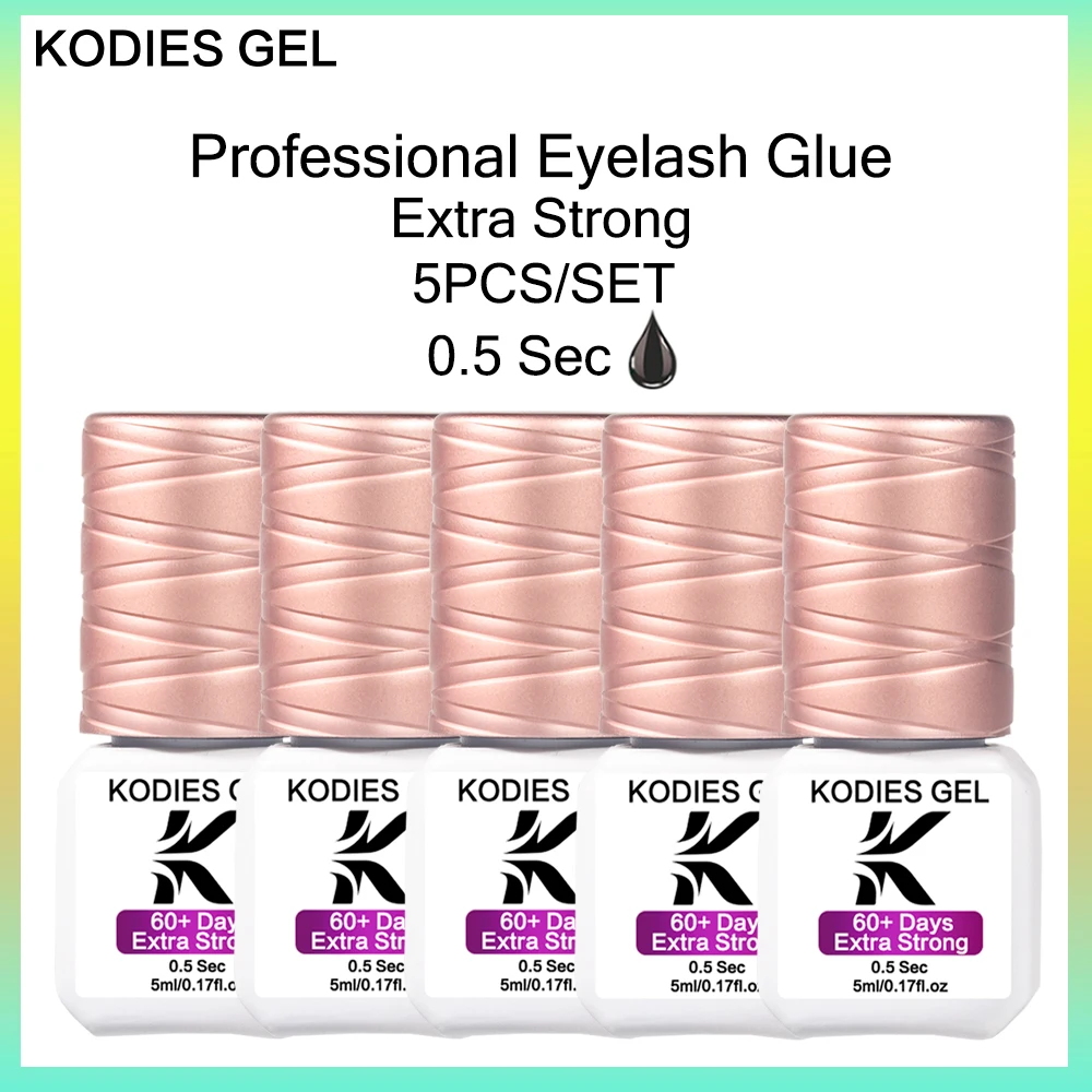 KODIES GEL 전문 속눈썹 접착제, 0.5 초 초강력 보존 방수 리프팅 속눈썹 접착제, 블랙 테이프 본드, 5 개