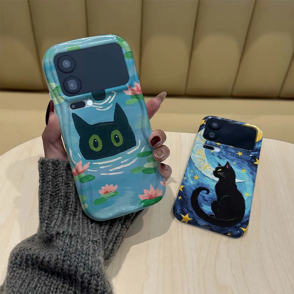 

Cartoon Black Cat Water Lily For Redmi Note 8 10 10T 10S 11 11S 11E 11T SE Pro Max Plus 5G Wave Oil Film Phone Case