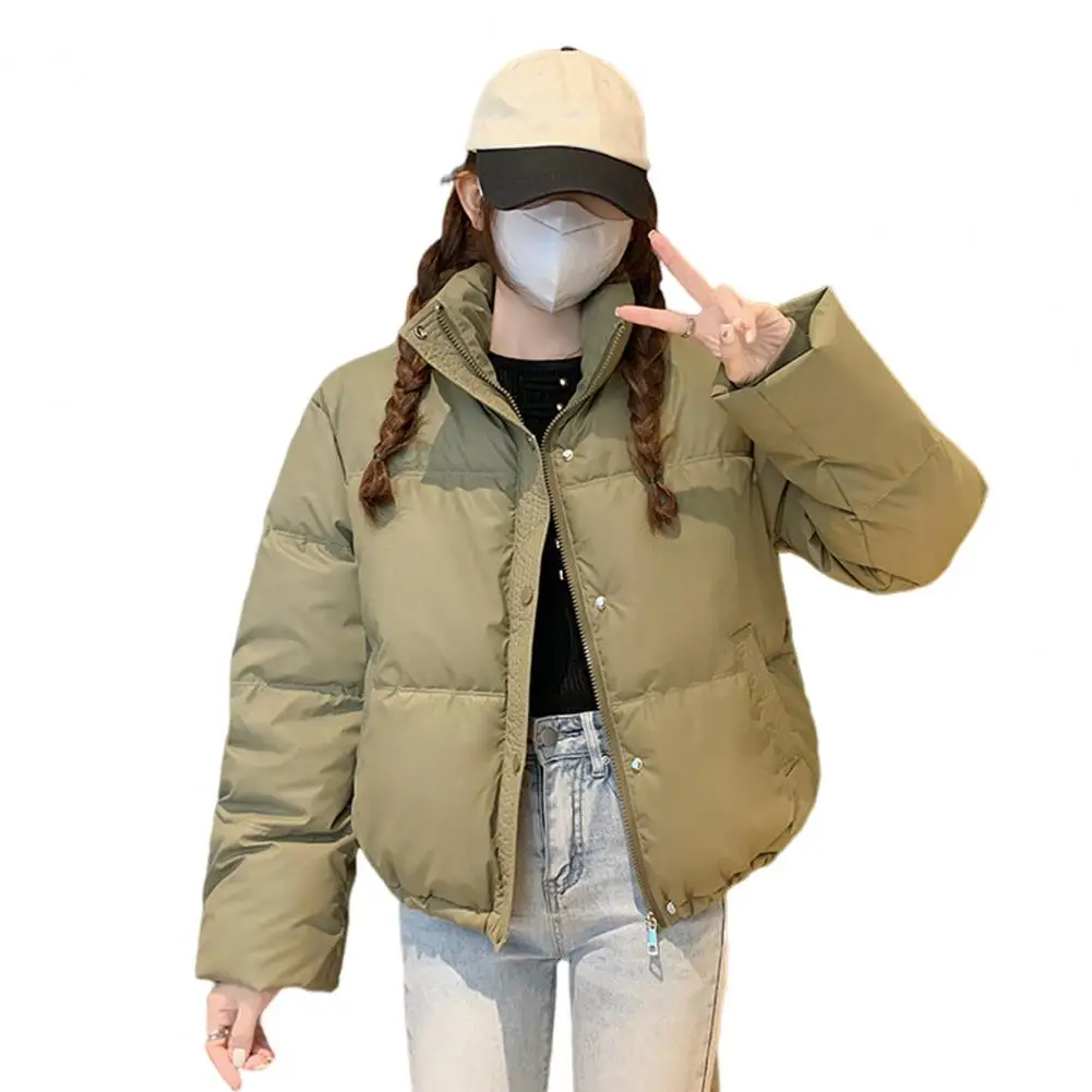 Women Cotton Coat Winter with Stand Collar Pockets Long Sleeve Solid Color for Warmth Outwear