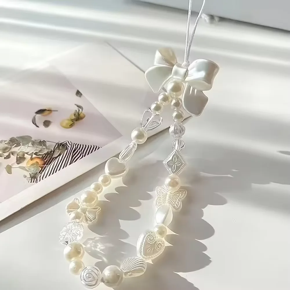 

Fashion Cute Pearl Love Heart Bowknot Phone Chain Charm Lanyard For iPhone Samsung Huawei Universal Accessories Jewelry Pendant