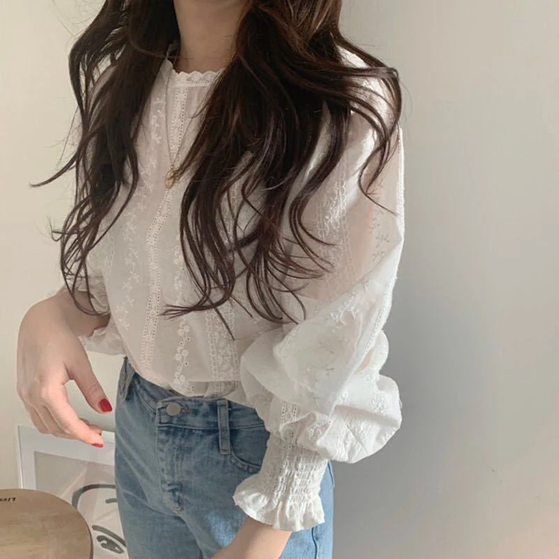 Women Blouse Puff Sleeved White Lace Long Sleeve Shirt Casual Loose Ruffle Tops