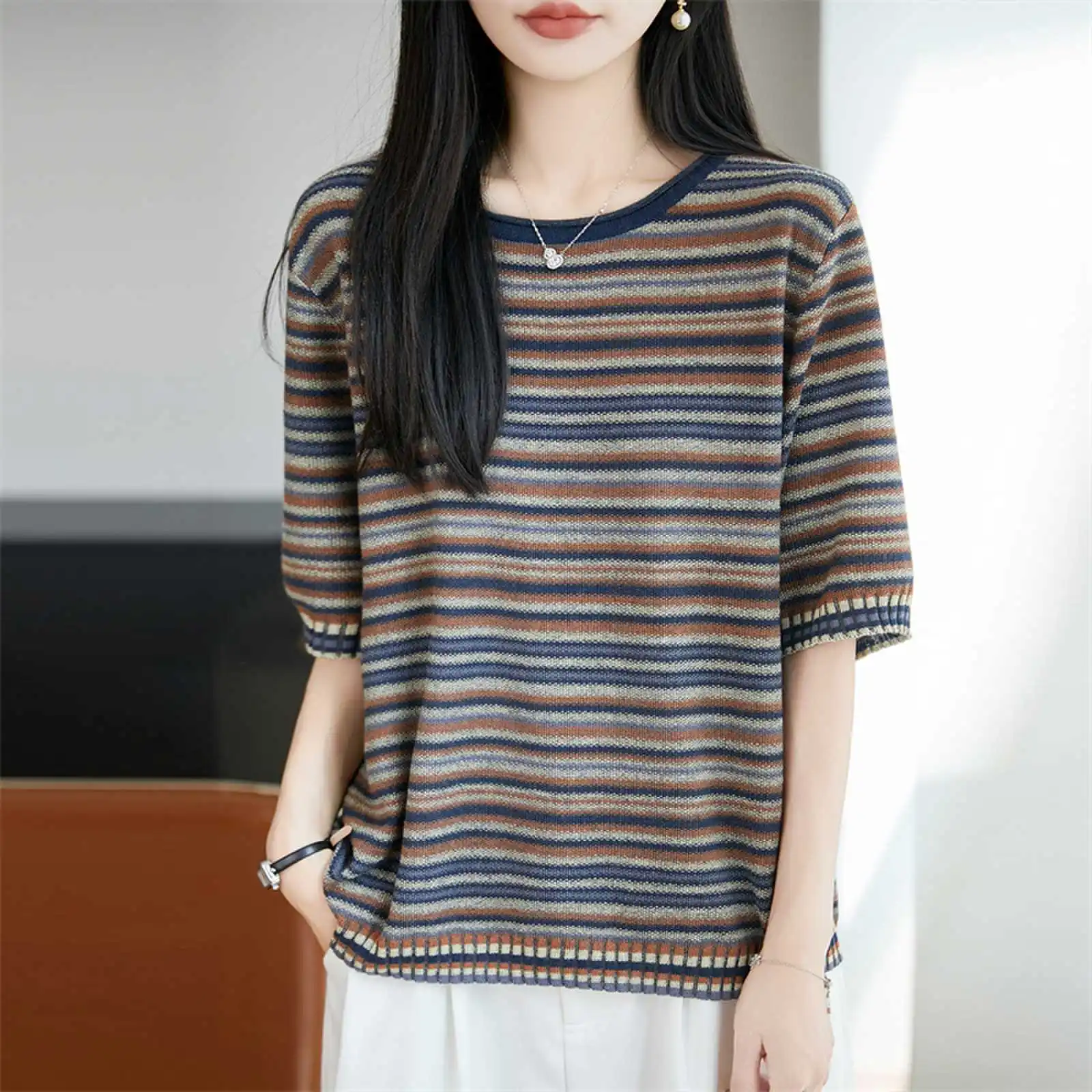 

Women's fashionable half sleeved knitted round neck thin and loose summer striped T-shirt breathable and comfortable top