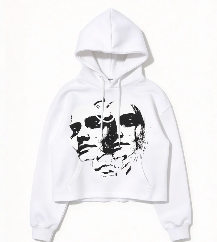 Dark graffiti-style distorted portrait Y2K gothic style rugged cut hooded sweatshirt suitable for both men and women for rock