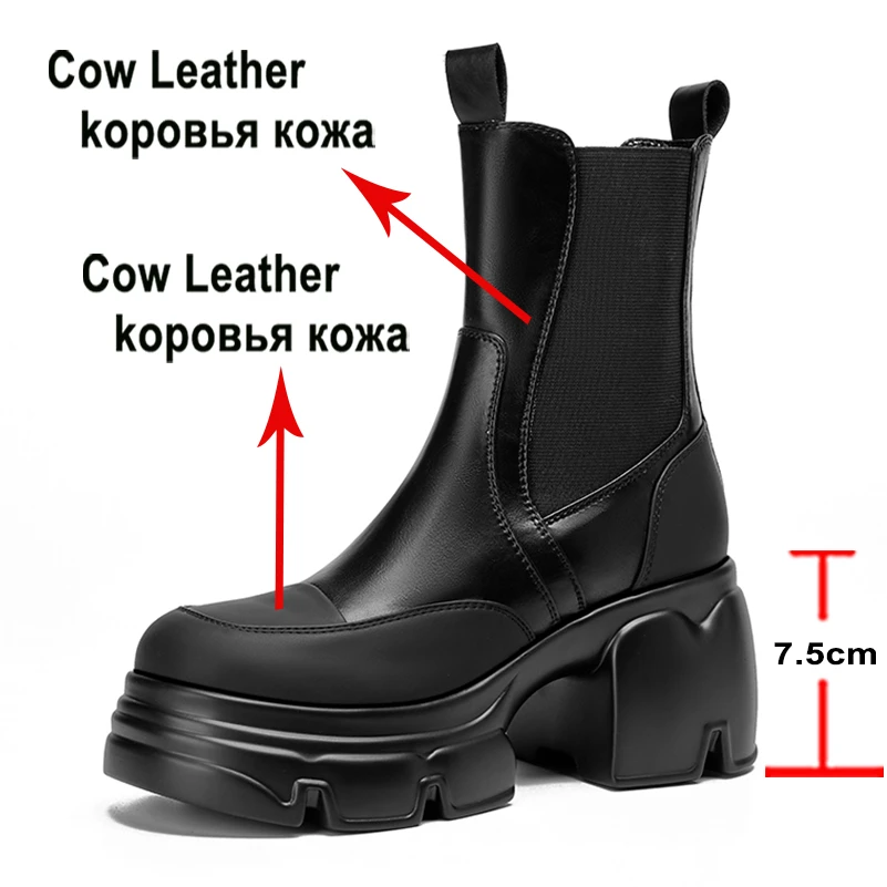 Meotina Women Genuine Leather Ankle Boot Round Toe Platform Thick High Heels Chelsea Short Boot Lady Fashion Shoes Autumn Winter