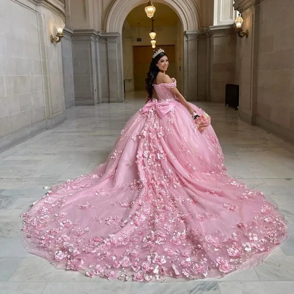 Pink Princess Quinceanera abiti abito da ballo Off The Shoulder perle floreali Sweet 16 Dresses 15 aecos Custom