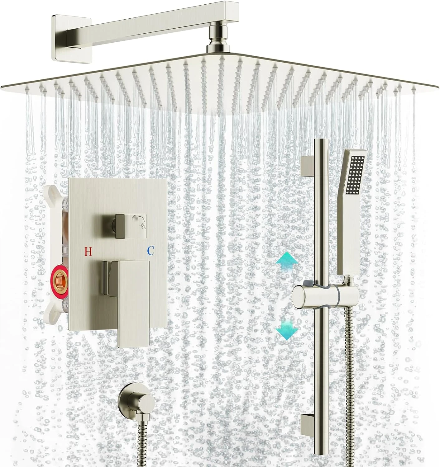 12 Inch Square Shower System, Rain Shower Head and Slide Bar Handheld Shower Faucet Wall Mounted Combo Set Included