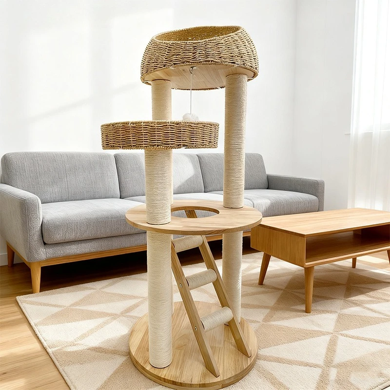 Solid wood cat climbing frame rope woven nest natural sisal column large  climbing frame cat nest  tree integrated doe