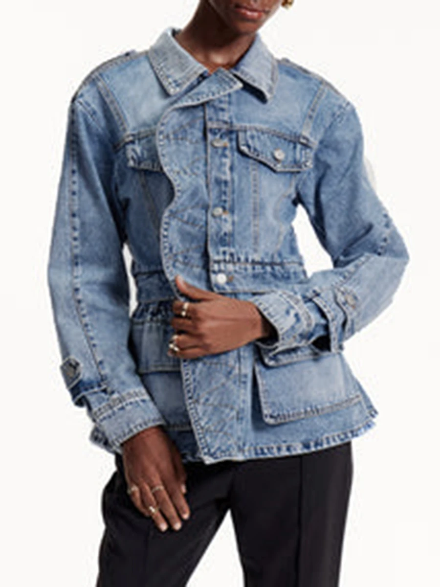 VGH Casual Ruffle Solid Denim Jackets For Women Lapel Long Sleeve Spliced Button Spring Temperament Jacket Female Fashion New