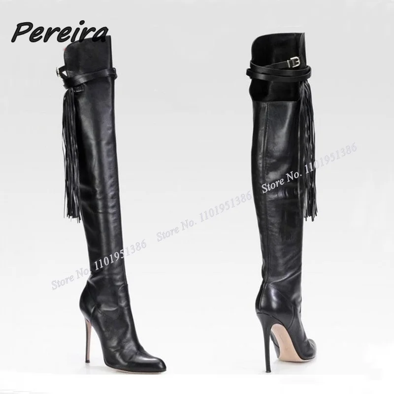 

Pereira Black Fringe Decor Lace up Boots High Heel Over the Knee Pointed Toe Shoes for Women Boots High Heels Zapatillas Mujer