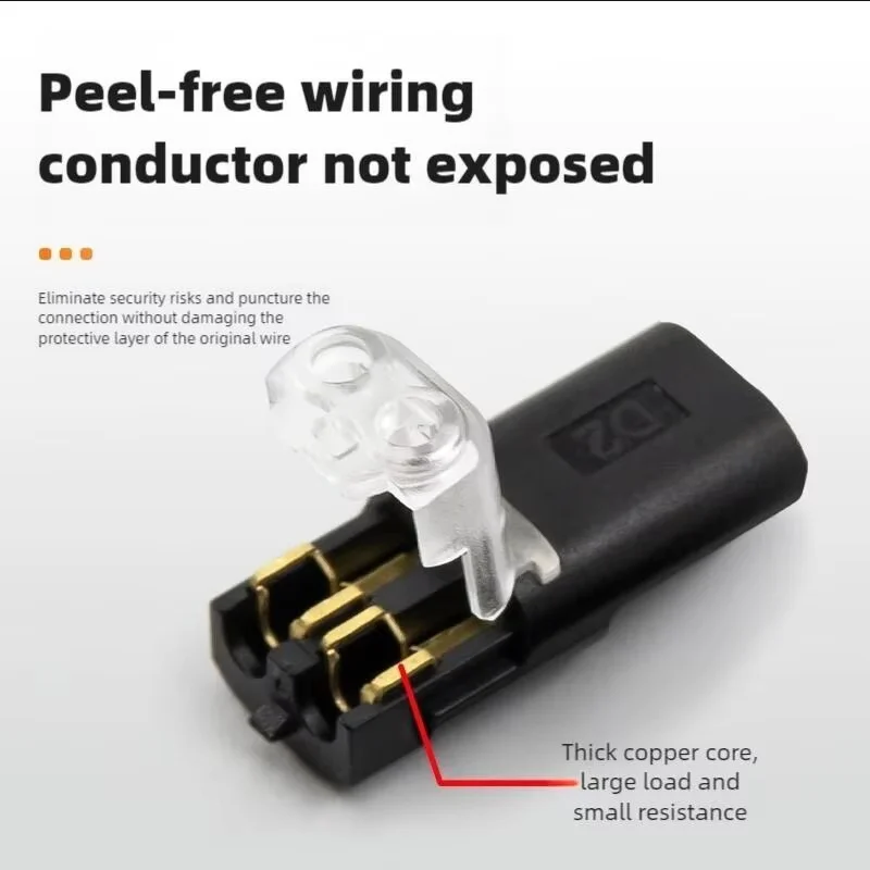 No-Strip 2 Pin D2 Quick Connectors, Solderless Electrical Plug for LED Power Cable, Reusable Wire Terminals